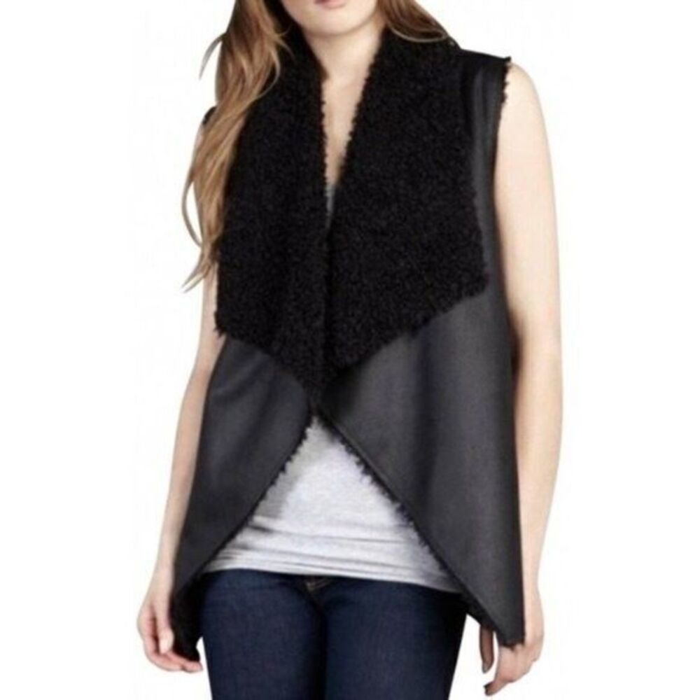 Velvet by Graham & Spencer Black Suede Sherpa Open Front Vest Penny Lane